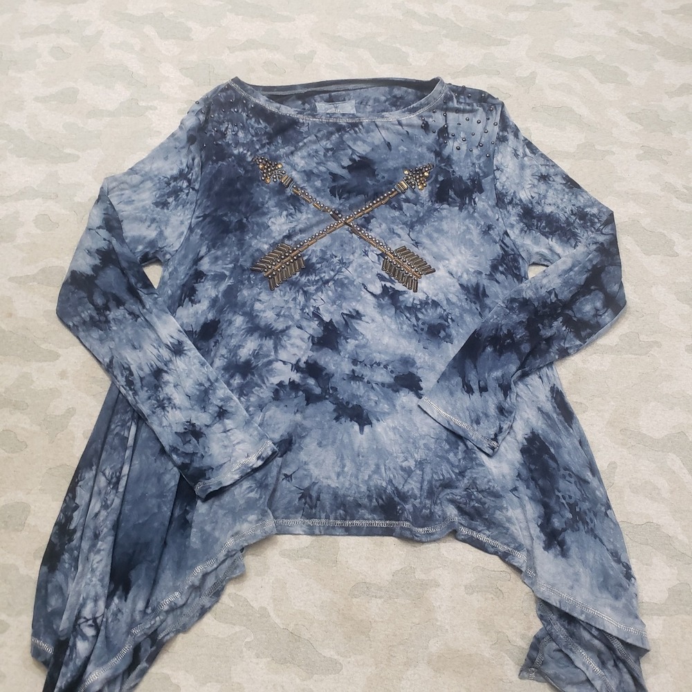 Double Ranch Top Womens Medium Blue Pullover Long Sleeve Tie Dye Arrow Beads‎